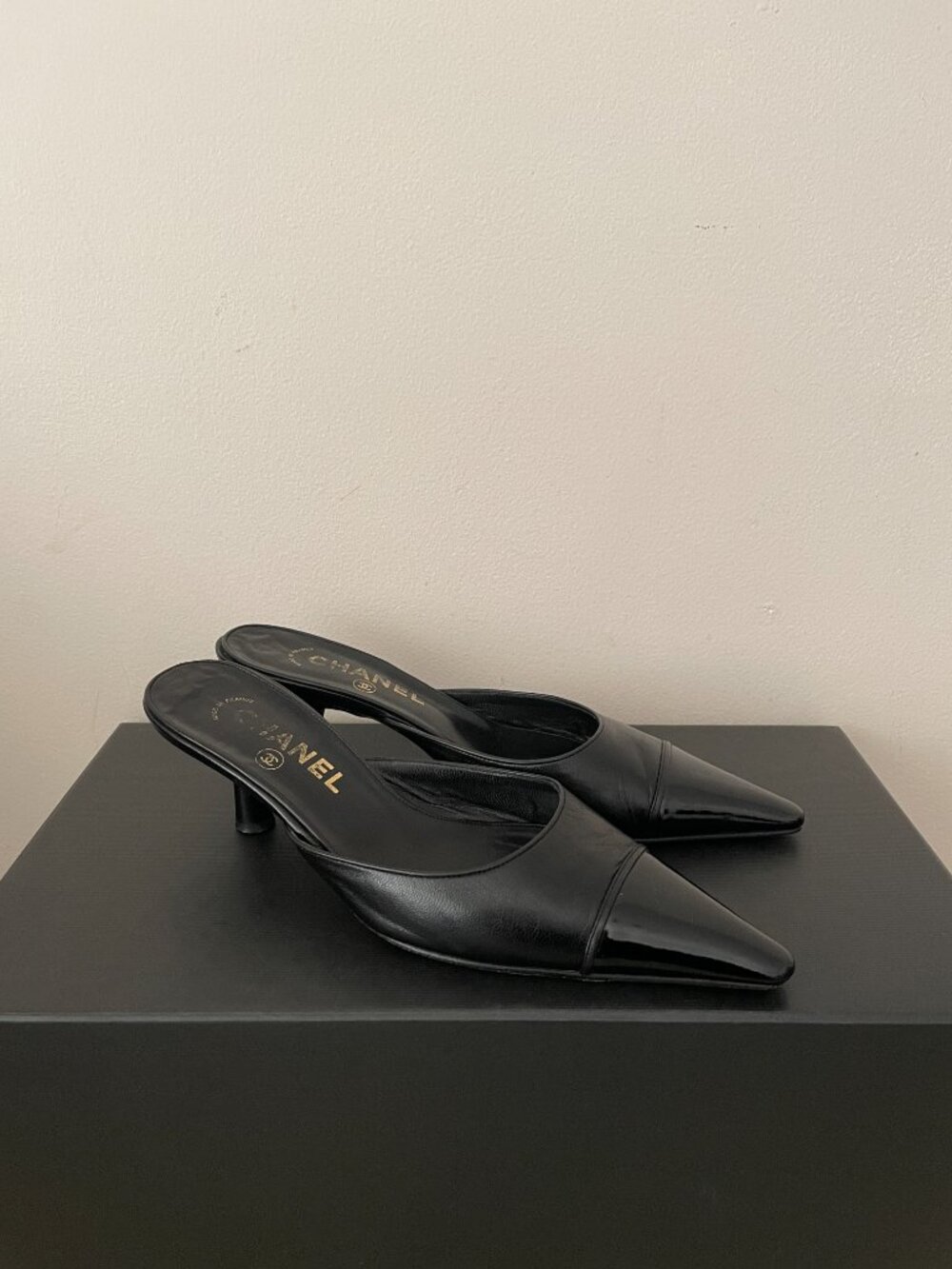 CHANEL Leather Kitten Heels Slip On